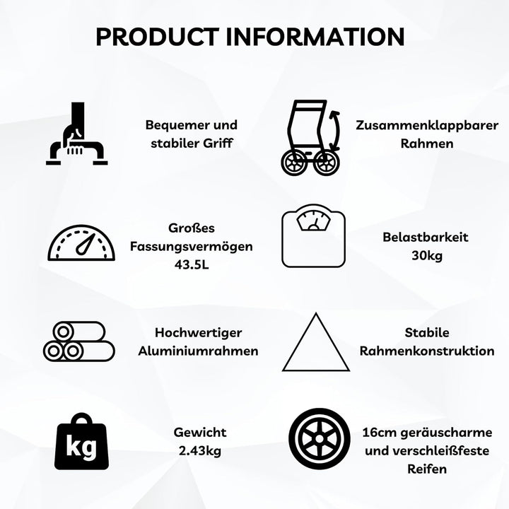 43.5Liter Aluminium Trolley Einkaufstrolley Klappbar, Shopping Trolley, Wasserabweisender Einkaufswa