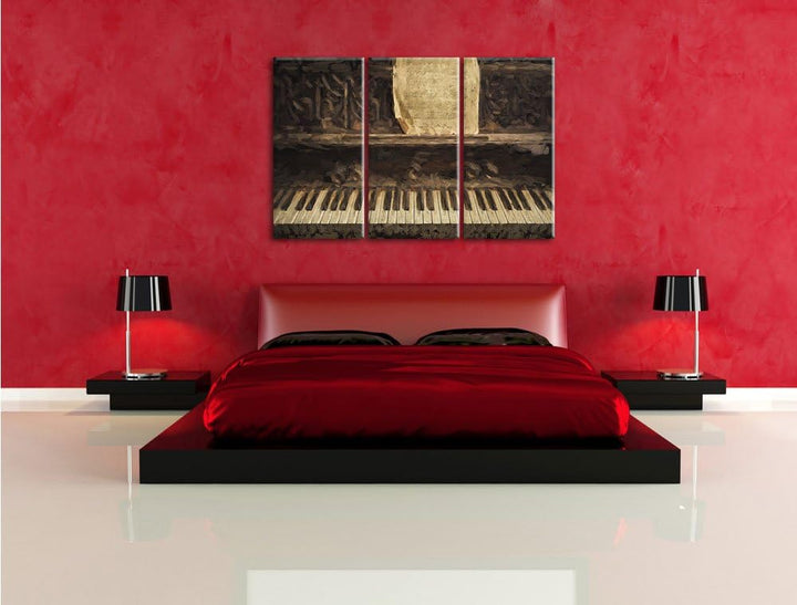 Pixxprint Antikes Klavier mit Notenblatt Pinsel Effekt 3-Teiler Leinwandbild 120x80 Bild auf Leinwan