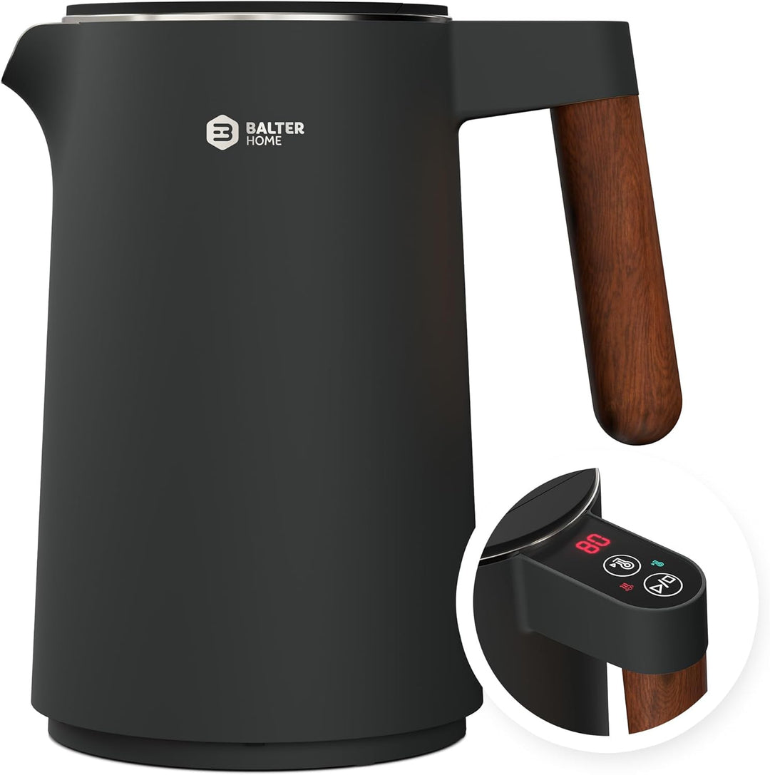 BALTER Edelstahl Wasserkocher mit Temperatureinstellung, 45°C-100°C, Doppelwand, BPA frei, leise & k