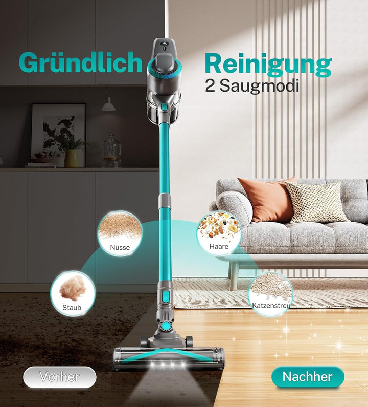 Akku Staubsauger, 30000Pa/55Min Staubsauger Kabellos, Anti-Tangle-Bürste und Selbststehend, Ultralei