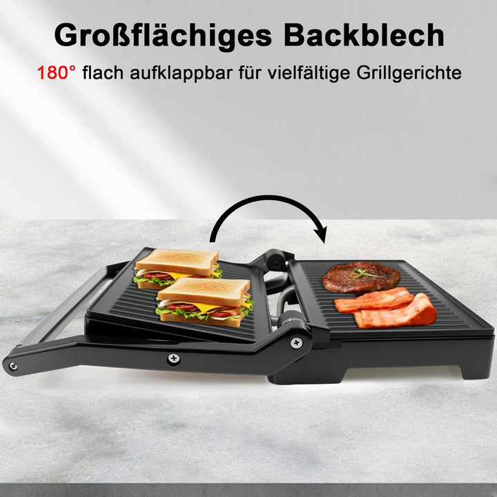 Kontaktgrill 1000W, Panini Grill & Sandwich Maker, geöffneter 180° Tischgrill, Grillfläche 23x15 cm