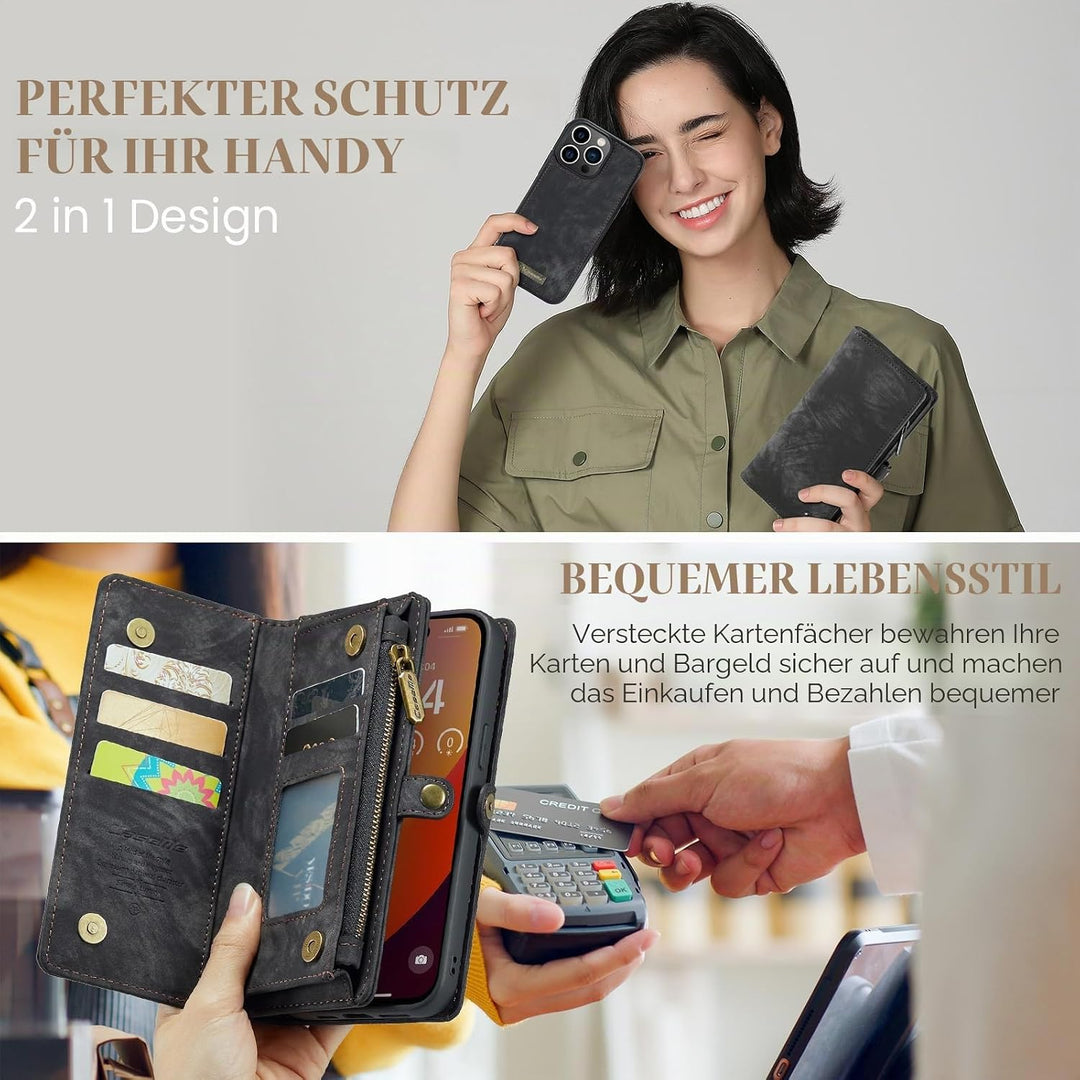 UFinetech für iPhone 15 Pro Max Hülle, Flip Leder TPU Stossfest Kartenfach Tasche Handyhülle für iPh