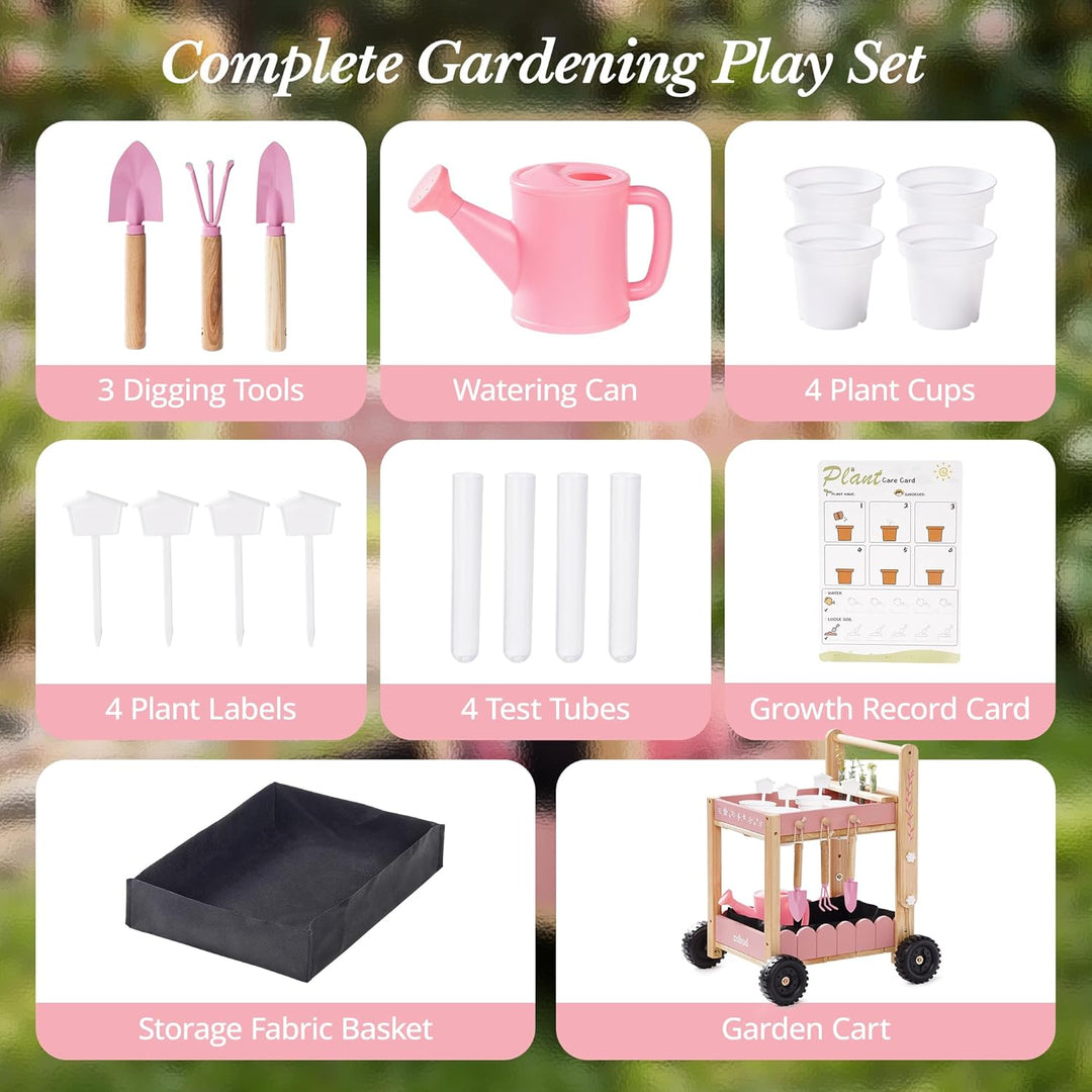 ROBUD Gartenwerkzeug Kinder mit Holzwagen, Gartenset mit Giesskanne, Schaufel, Handrechen, Pflanztöp