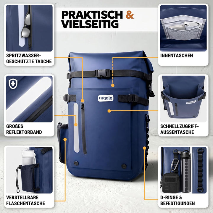 Ruqqle Wasserdichter Rucksack, vielseitig, wasserdicht Tasche, Dry Bag 20/30/45 l, mit 3 Aussentasch