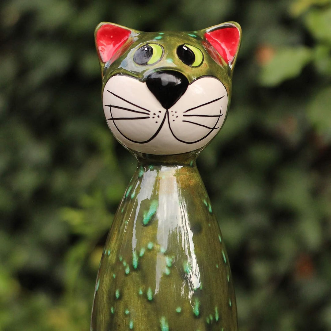 Gartenfigur Katze aus Keramik 30 cm grün, Grün