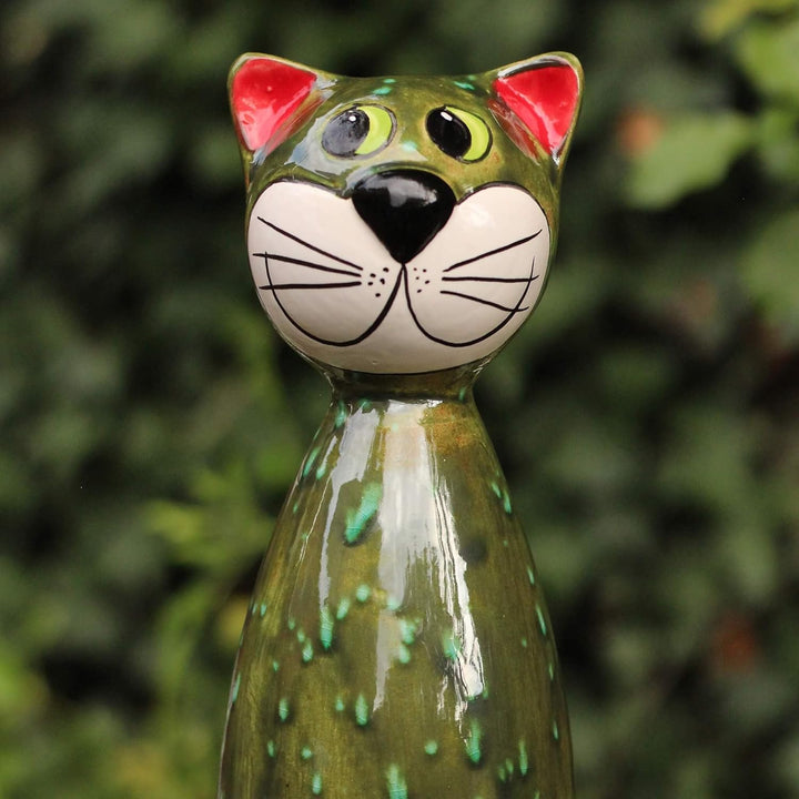 Gartenfigur Katze aus Keramik 30 cm grün, Grün