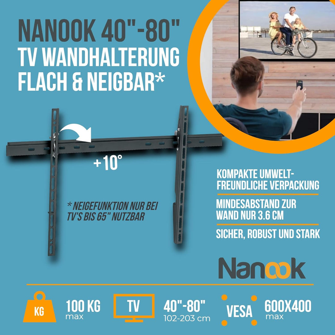 Nanook Flache und Neigbare TV-Wandhalterung für 40–80 Zoll Fernseher – Neigbar für TVs bis 65 Zoll,