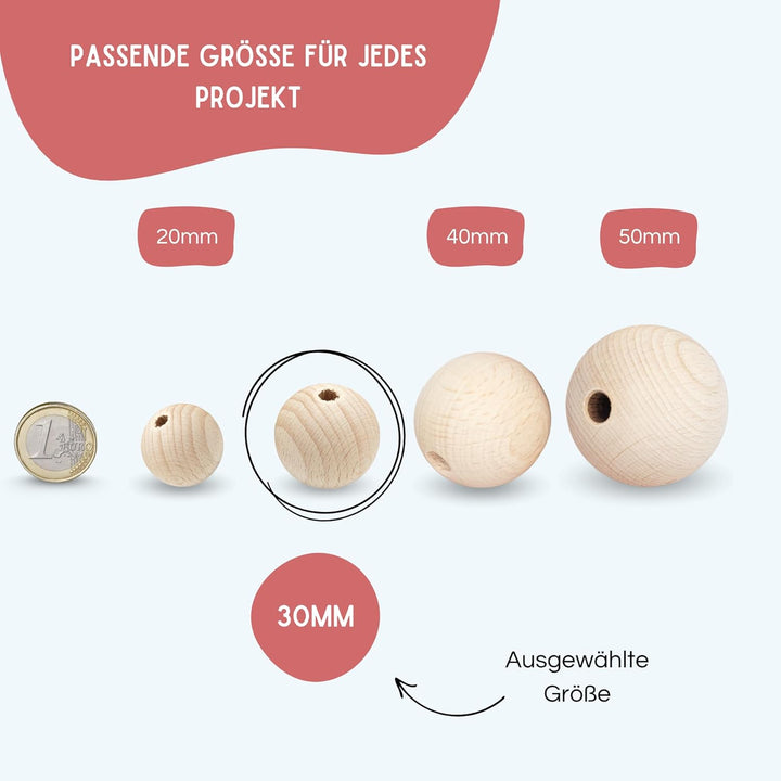 EV® Holzkugeln mit Loch - 40 Stück 30mm Durchmesser - Made in Austria - Grosse Holzperlen mit 6mm Bo