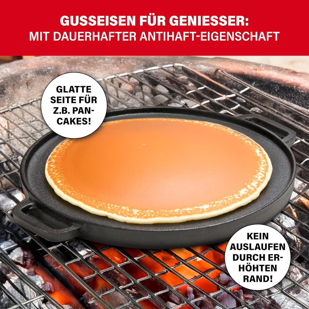 BBQ BOSS Gusseisen Grillplatte [2 in 1] Grillrost – Grillplatte rund – Platte für den Grill – wendba