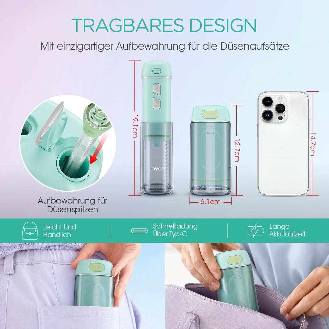 VOYOR-HEALTH Munddusche Kabellos Elektrischer Zahnreiniger, Tragbare Mundduschen IPX7 Wasserdicht un