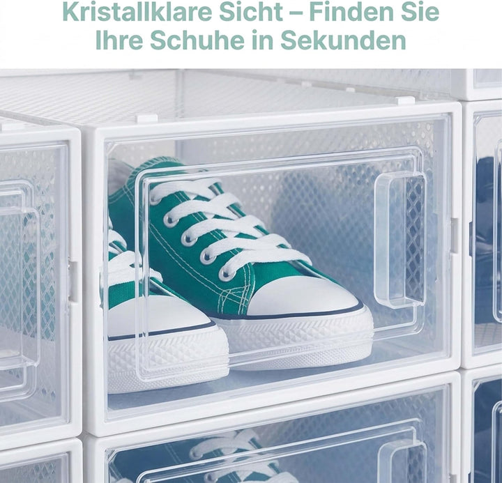 Relaxdays Schuhboxen 12er Pack, mit Tür, Schuhorganizer, stapelbar, Schuhe bis Grösse 45, Lüftungssc