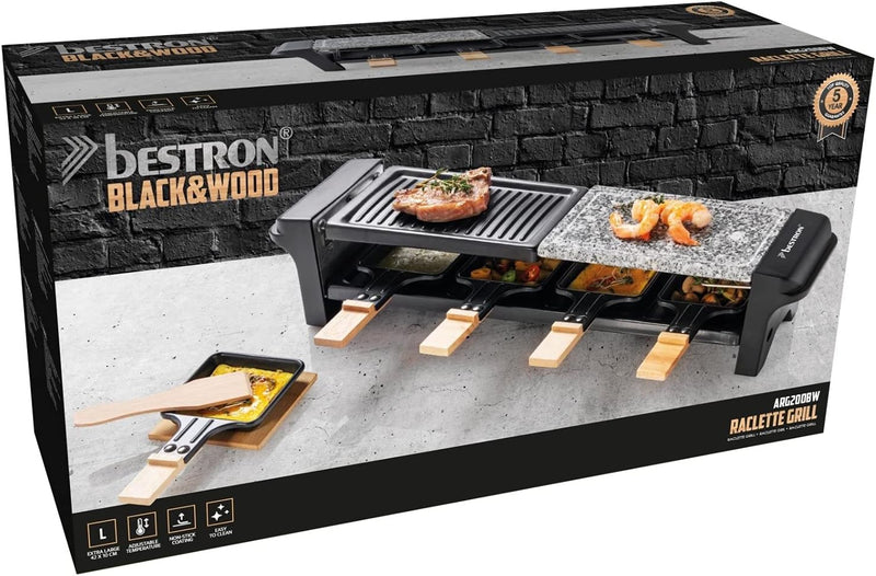 Bestron Raclette Grill für 4 Personen, Elektrischer Tischgrill mit 4 Pfännchen, 4 Holzschaber & 4 Un