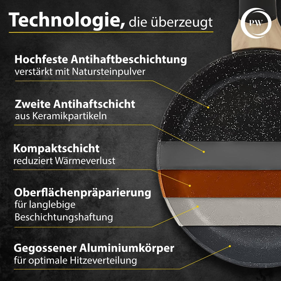 Pela Welle® Bratpfanne 28 cm Induktion, beschichtete Pfanne mit Deckel, schwarz | Bratpfanne Indukti