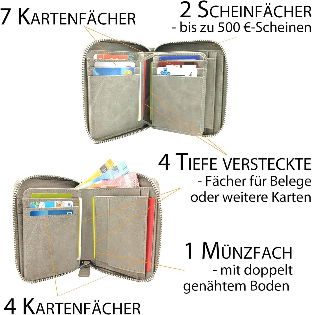 Damen Portemonnaie, Oil-Wax-Leder, grau, Reissverschluss, Münzfach, RFID Schutz - Geldbörse klein, P