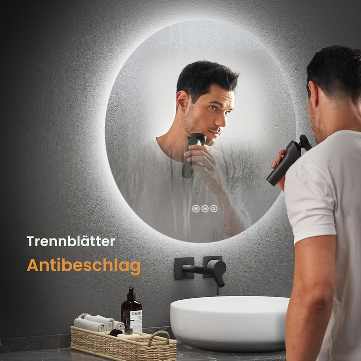 EMKE Badspiegel mit Beleuchtung rund 80cm Durchmesser Badezimmerspiegel mit 3 Lichtfarbe dimmbar, An