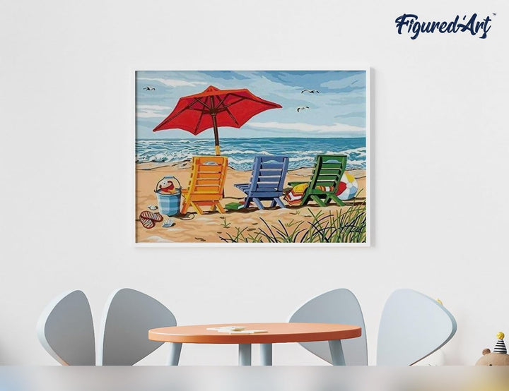 Figured'Art Malen Nach Zahlen Erwachsene Mit Rahmen Stühle am Strand - Paint by Numbers Basteln DIY
