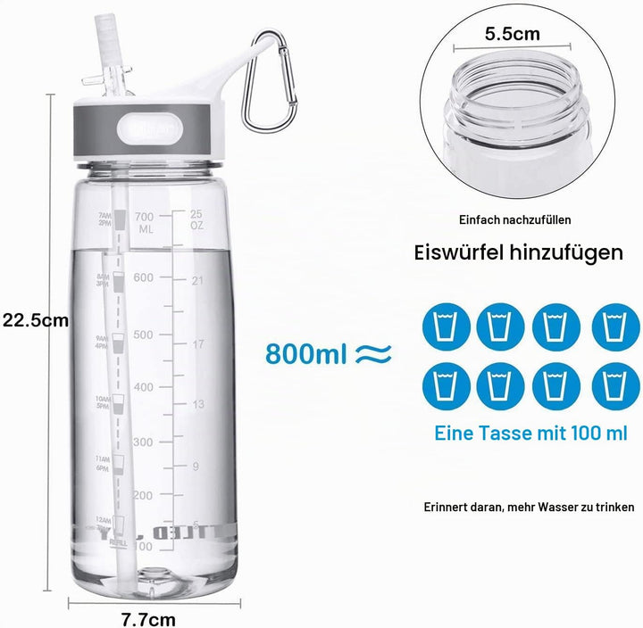 Louis Donné 800ml Transparent Auslaufsicher Trinkflasche Sports Wasserflasche Mit Zeitmarkierungs-Tr