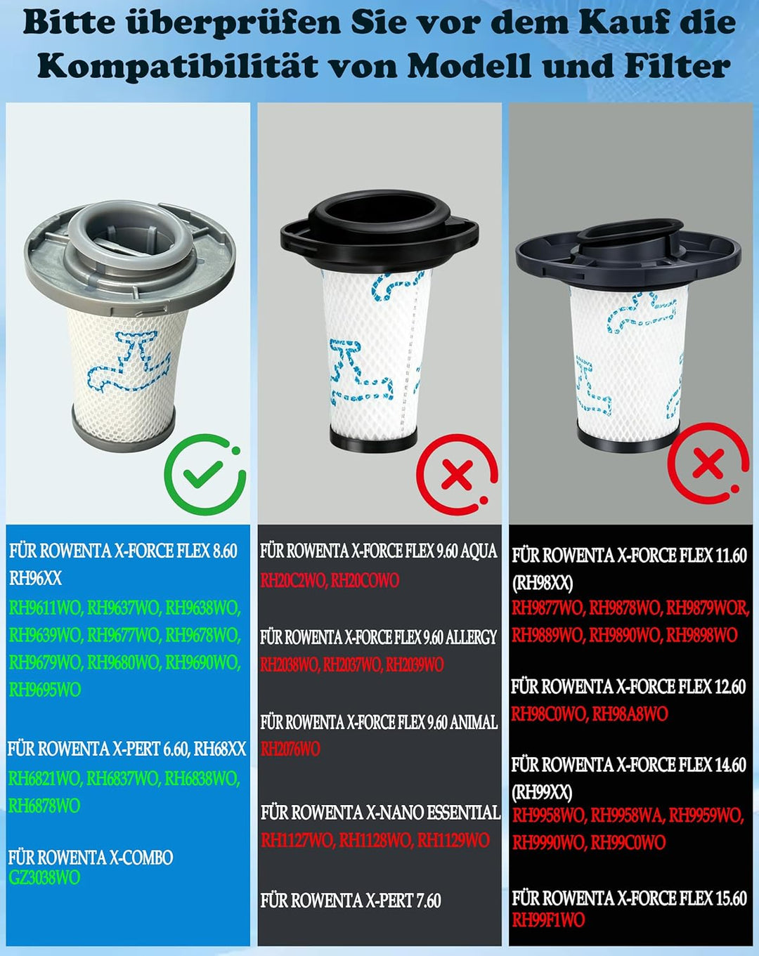 4 Pack ZR009006 Filter Kompatibel mit Rowenta X-Force Flex 8.60 RH96 Serie RH9611 RH9637 RH9638 RH96