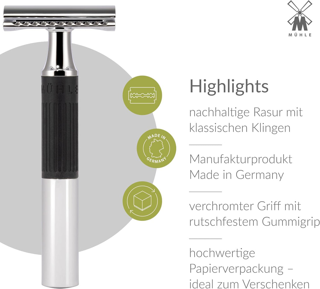 MÜHLE NEO Rasierhobel - Sicherheitsrasierer für einsteigerfreundliche Nassrasur - Metall mit Gummigr