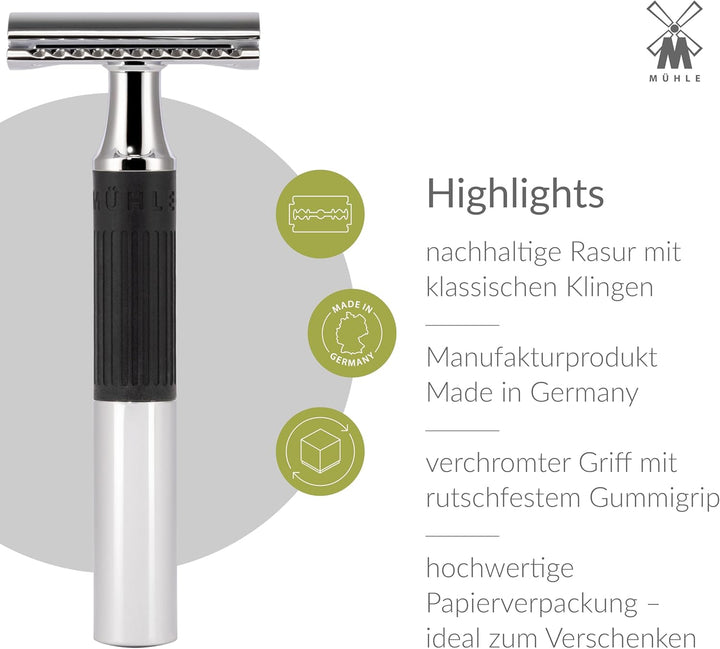MÜHLE NEO Rasierhobel - Sicherheitsrasierer für einsteigerfreundliche Nassrasur - Metall mit Gummigr