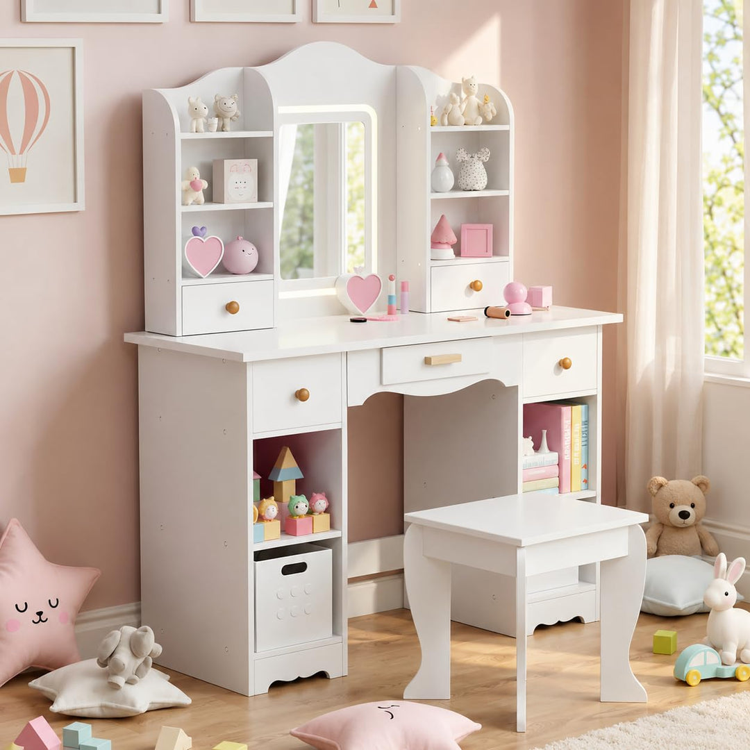 Clevich Schminktisch Kinder Set, Kinderschminktisch mit LED Beleuchtung, 5 Schubladen, 10 Staufächer