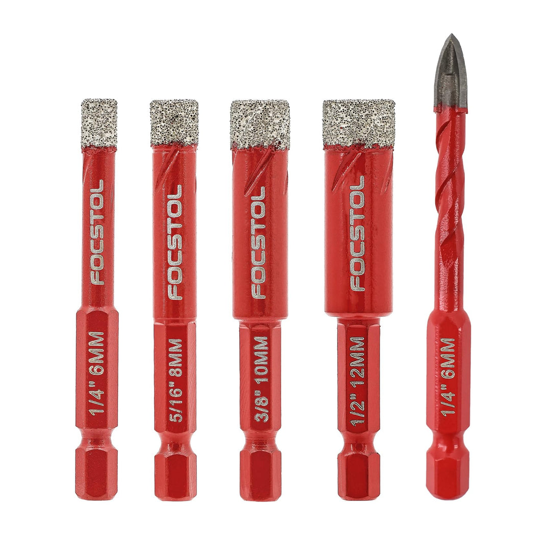 FOCSTOL Diamant Fliesenbohrer 6/8/10/12mm mit Schnellwechsel-Sechskantschaft und 6mm Hartmetallbohre