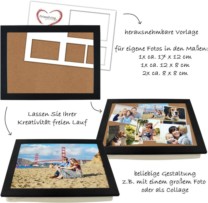 PrimoLiving Knietablett mit Fotorahmen - 43 x 32,5 x 8 cm – Tablett als Laptopunterlage – Sofa oder