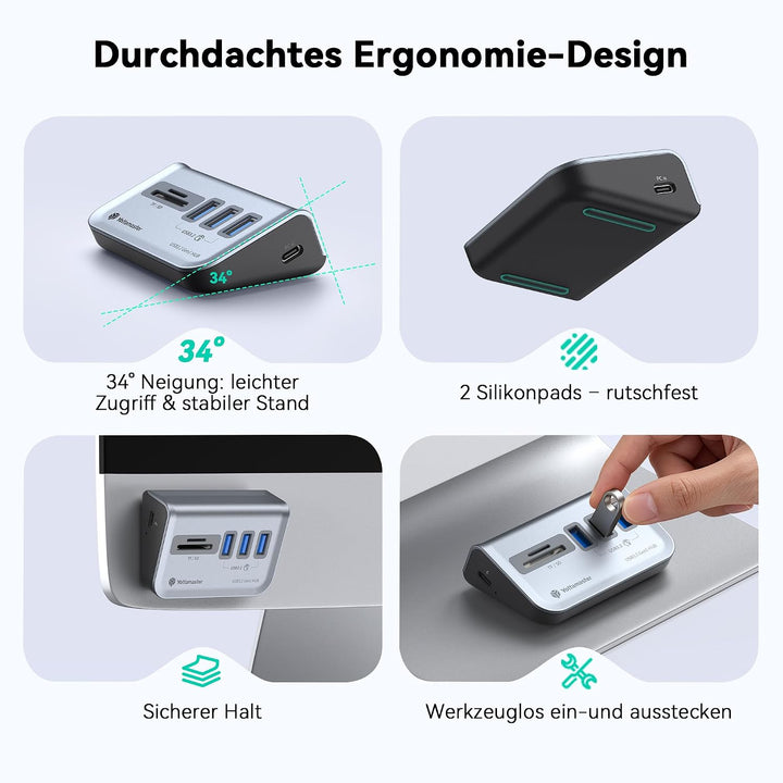 Yottamaster USB Hub mit SD Kartenleser, 5-in-1 USB 3.0 Hub, 3 USB-A 3.0, USB Verteiler mit SD/TF Car