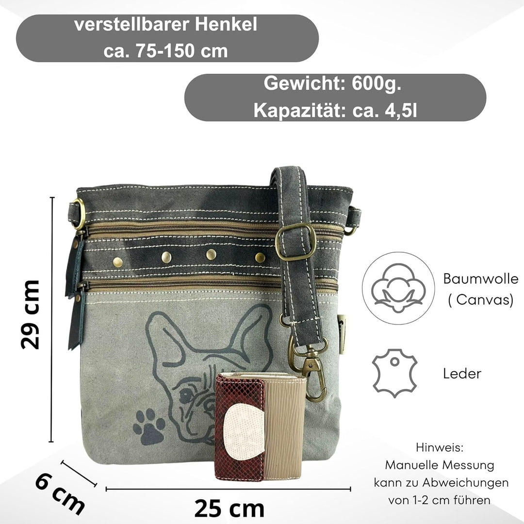 Sunsa Damen graue Umhängetasche. Canvas &amp; Leder Tasche. Kleine Damentaschen in Vintage still. Hunde