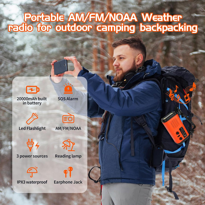 Notfallradio, Crank Wetterradio, 20000mAh Solarradio, Hand Kurbelradio mit AM/FM, tragbares Radio mi