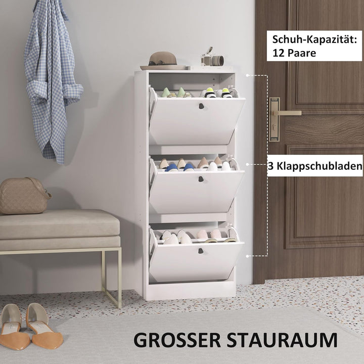 HOMCOM Schuhschrank mit 3 Klappen, Schuhregal mit Verstellbar Trennwand, Schuhkommode Schmal Schuhki