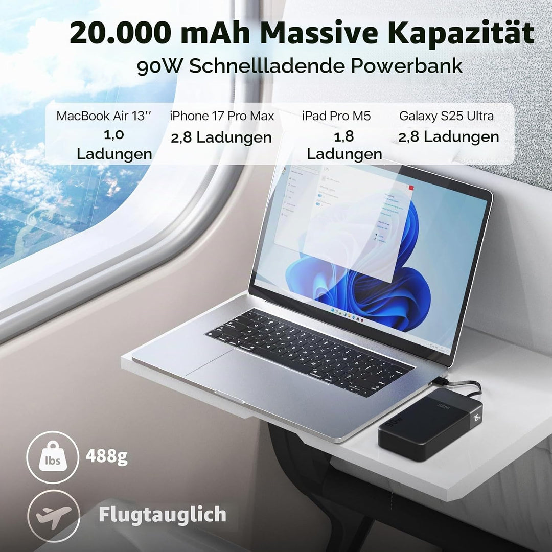 JUOVI Laptop Power Bank 20000mAh 90W, USB C Tragbarer Ladegerät Powerbank Schnellladefunktion 4-Port