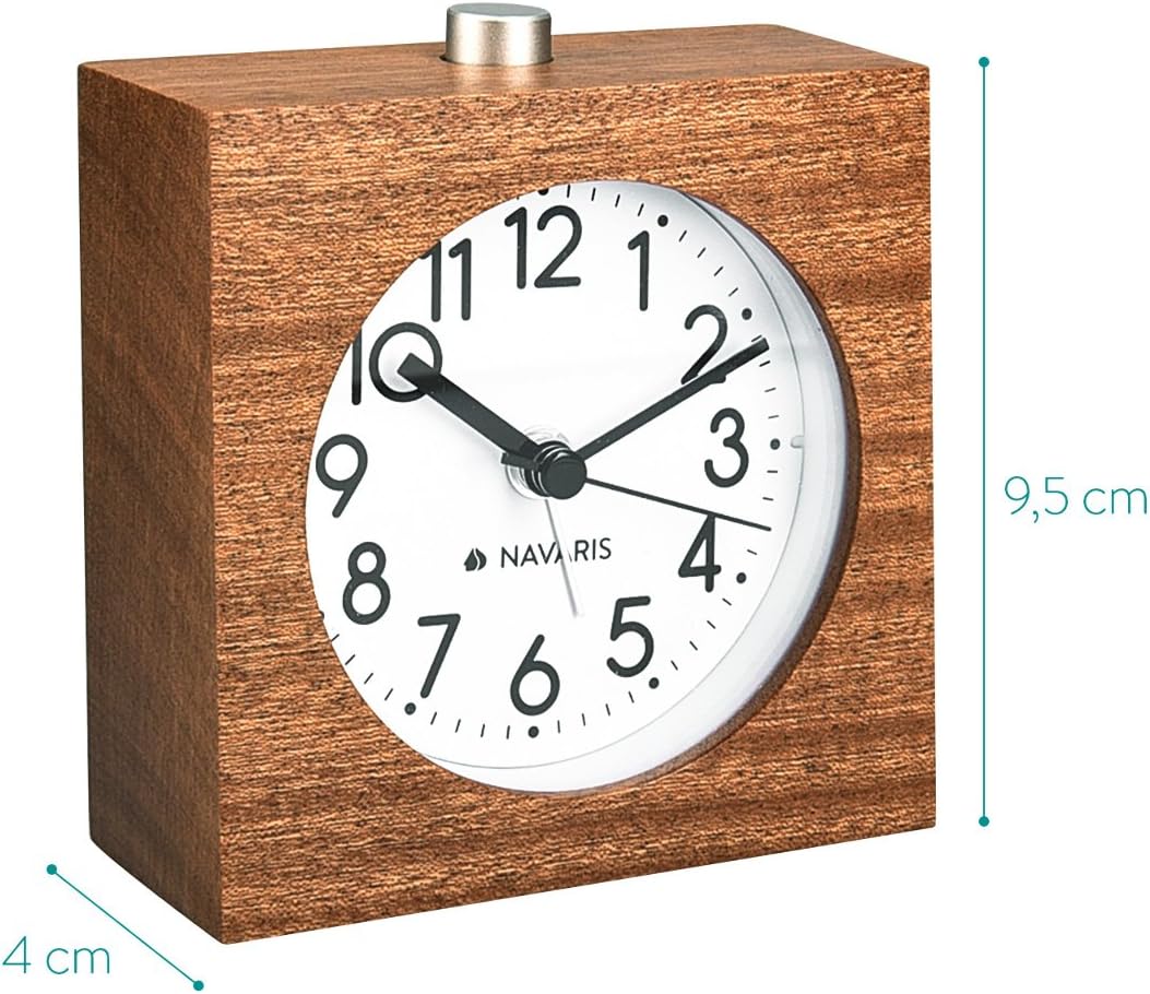 Navaris Analog Holz Wecker mit Snooze - Retro Uhr im Viereck Design mit Ziffernblatt Alarm - Leise T