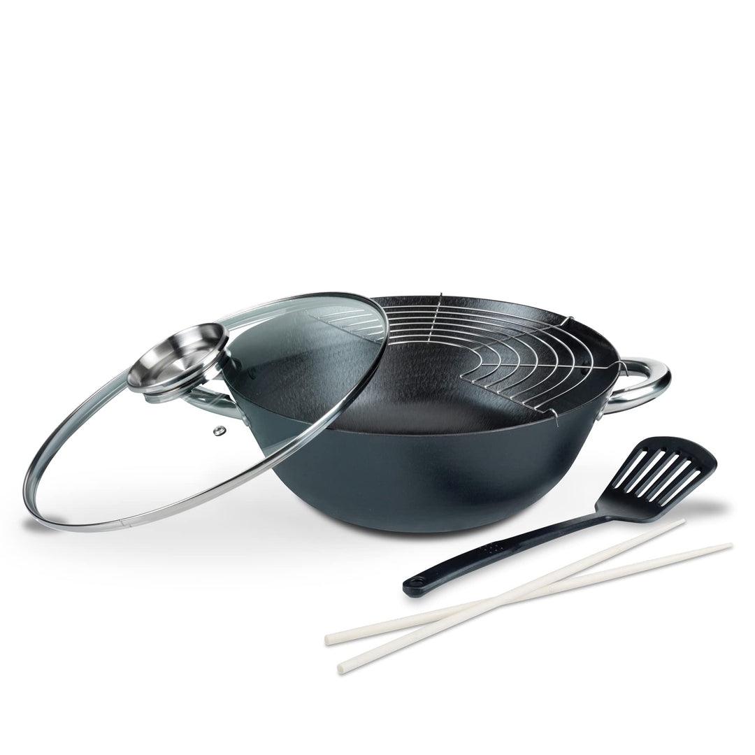 GSW 860956 GUSSEISEN PROFESSIONELL Multifunktionstopf/Wok-Set mit Glasdeckel 32cm / 5-teilig/ca. 6,2