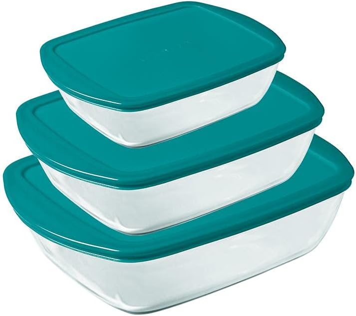 Pyrex® - Cook & Store - 3er Set rechteckige Glasschalen mit Deckel (0,4l, 1,1l und 2,5l) - BPA-frei