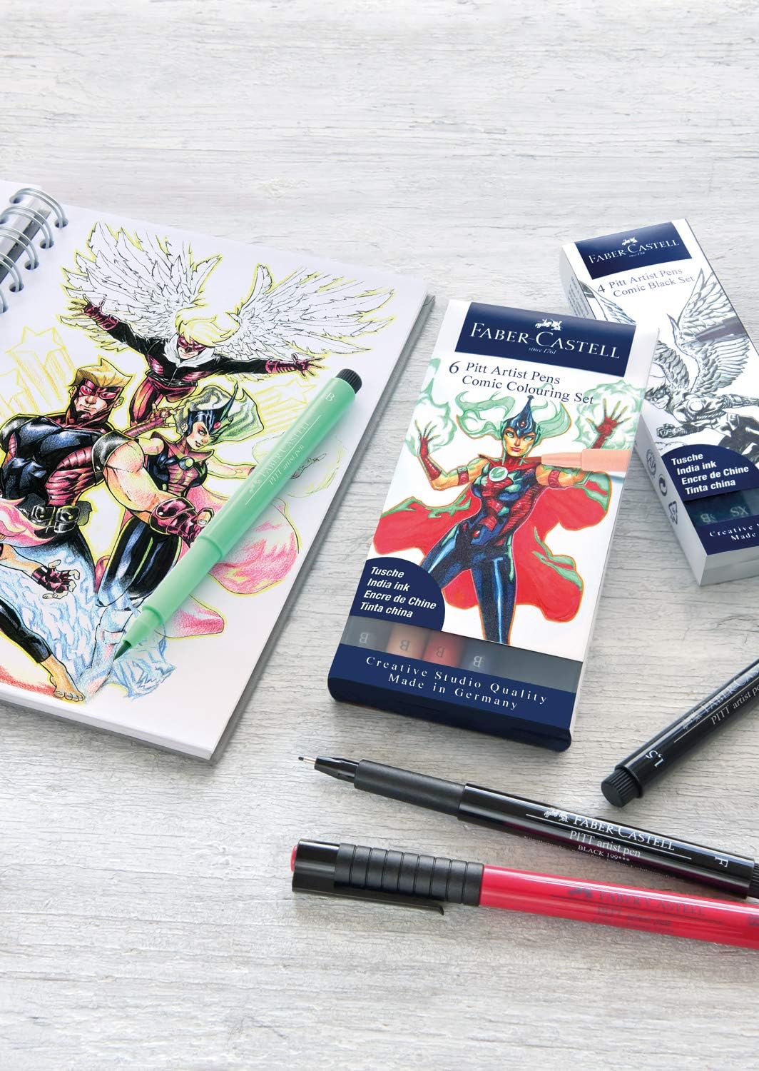 FABER-CASTELL 267191 - Tuschestift Pitt Artist Pen Comic Illustration 3D Set, 5 Tuschestifte, 3 Aqua