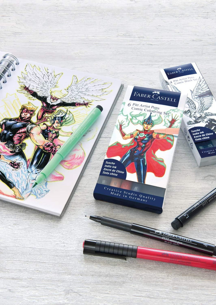 FABER-CASTELL 267191 - Tuschestift Pitt Artist Pen Comic Illustration 3D Set, 5 Tuschestifte, 3 Aqua