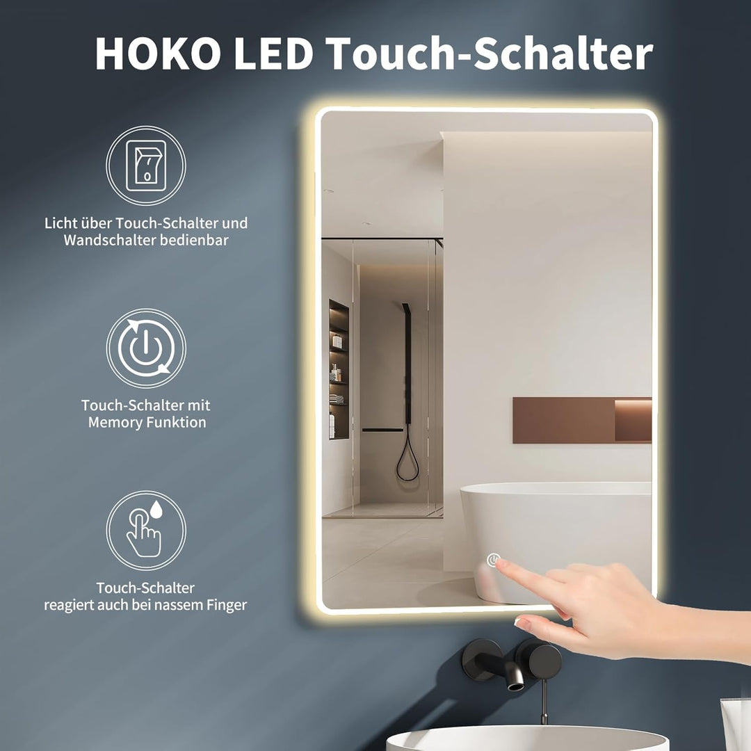 HOKO LED Badspiegel 50x70 cm / 70x50 cm Alaska mit Weisser Metall Rahmen, HOCH+QUER Montage. Touch S