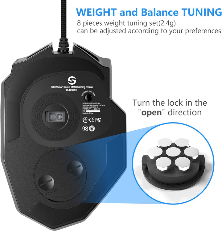 UtechSmart Venus Gaming Maus 16400 DPI USB Laser MMO Gaming Mouse, 18 programmierbare Tasten,16400 D