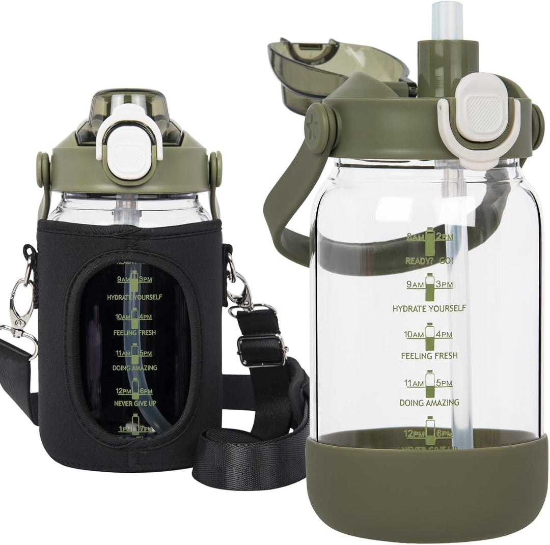 Seekua 1l Trinkflasche Glas Flasche mit Strohhalm & Zeitmarkierung, 1 liter Wasserflasche mit Frücht