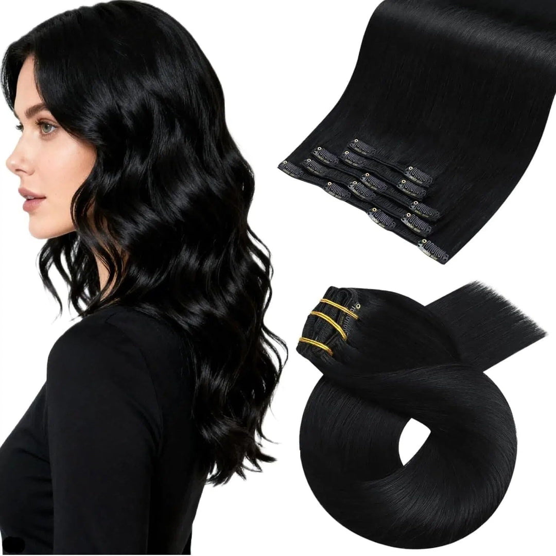 Moresoo Clip in Extensions Schwarz Echthaar Extensions Clip 45 cm 5 Stück 80g Glattes Haar Leicht zu