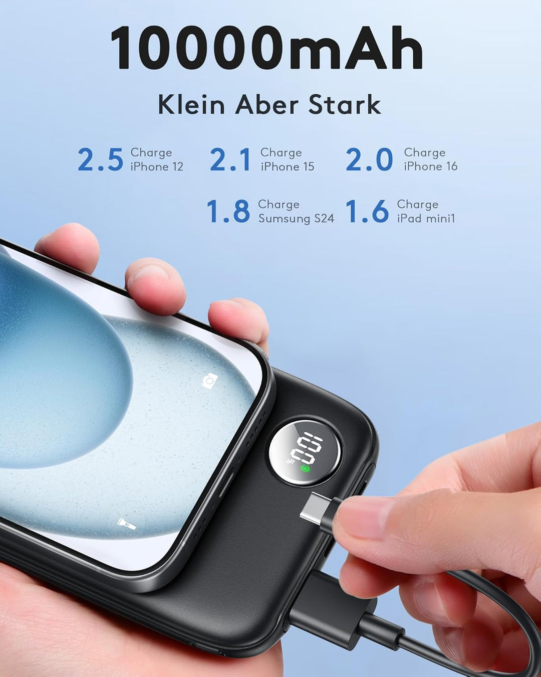 Leicht Aber Stark Externe Handyakkus, Flach 10000mAh Power Bank PD 22.5W Schnellladefunktion USB C I