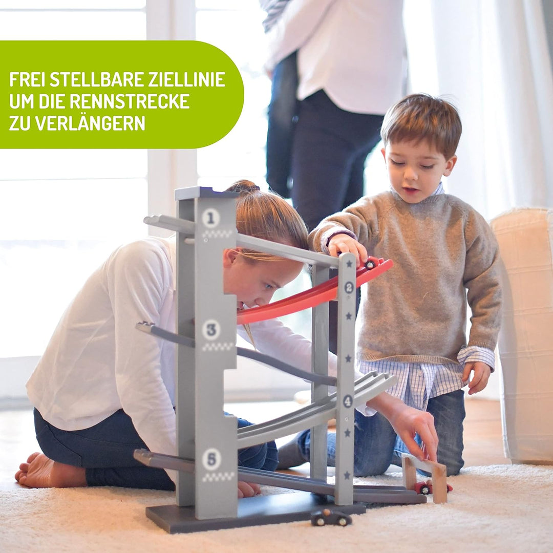 EverEarth Auto-Rennbahn Zweispurig EE33781 Kugelbahn mit Rennautos aus Holz für Kinder ab 36 Monaten