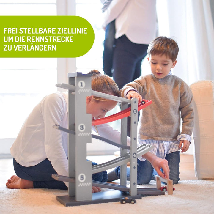 EverEarth Auto-Rennbahn Zweispurig EE33781 Kugelbahn mit Rennautos aus Holz für Kinder ab 36 Monaten