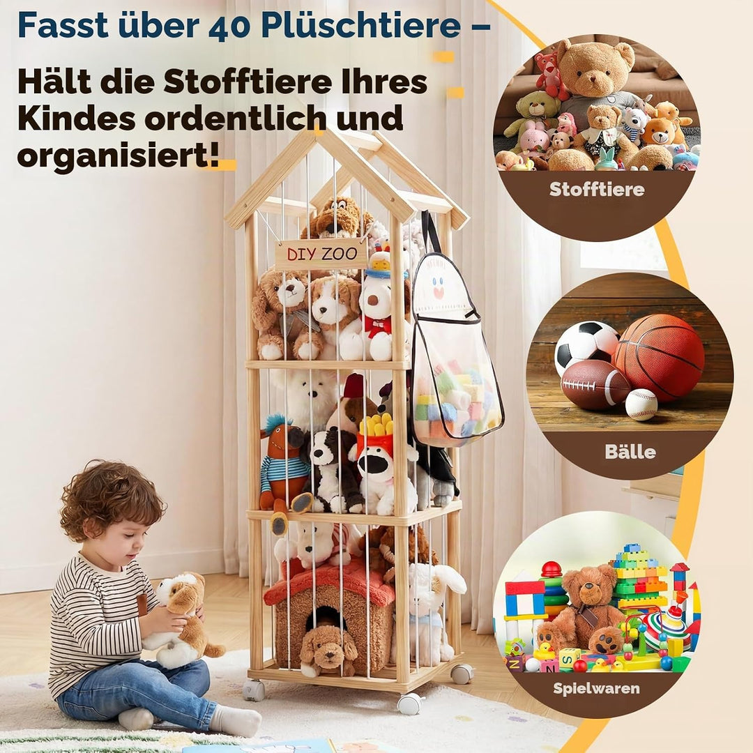 Kuscheltier Aufbewahrung, Holz Stofftier Aufbewahrung, 146*42*42CM Plüschtier Lagerung Organizer Mit