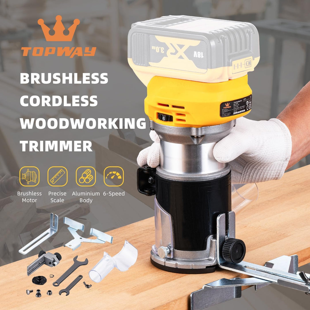 TOPWAY Bürstenloser kabelloser Handfräser für Holzschneider, 18 V, kompatibel mit DEWA.. DCB184 Akku