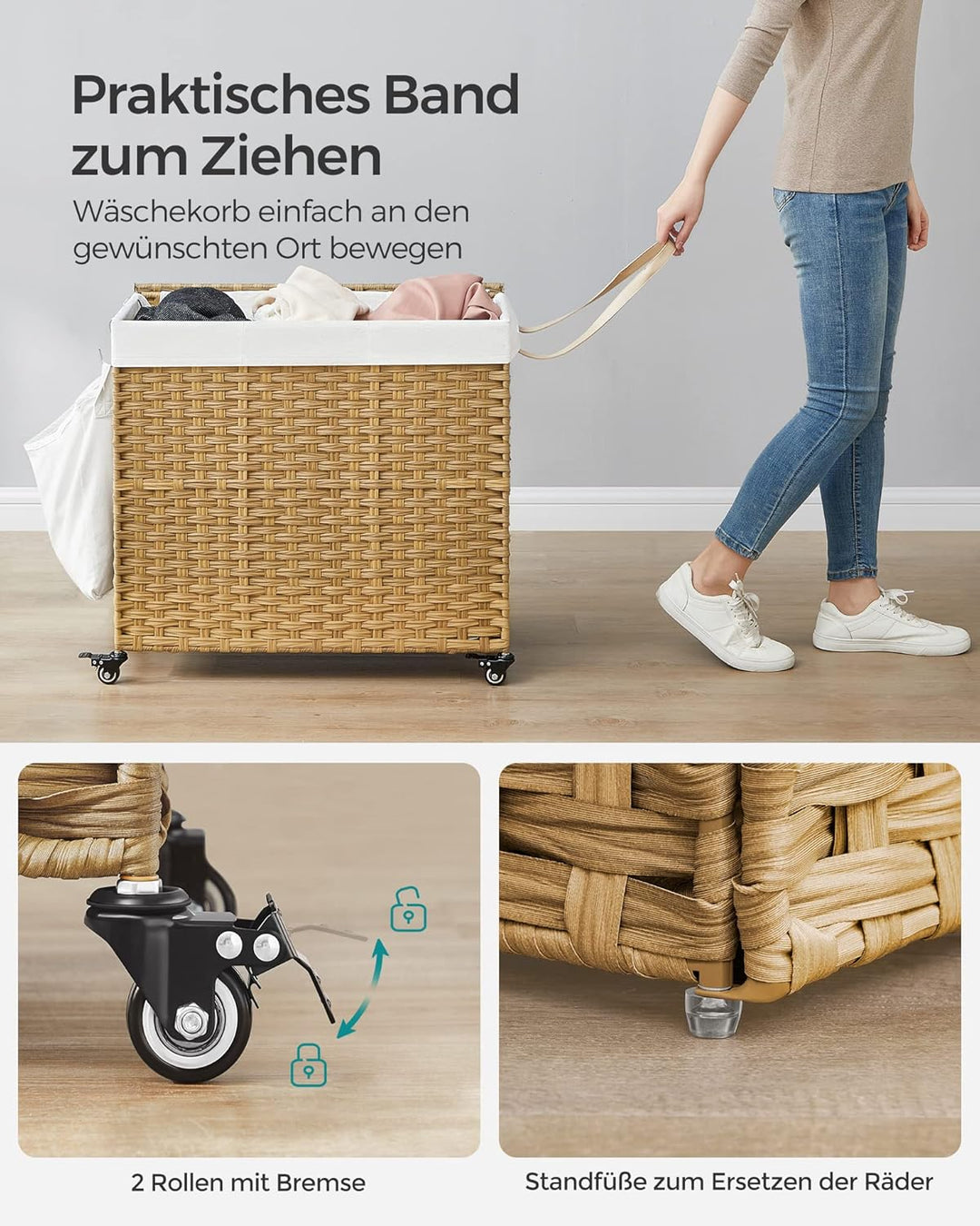 SONGMICS Wäschekorb mit Deckel, 160 L, Wäschesammler 3 Fächer, Wäschesortierer mit Rollen, in Rattan