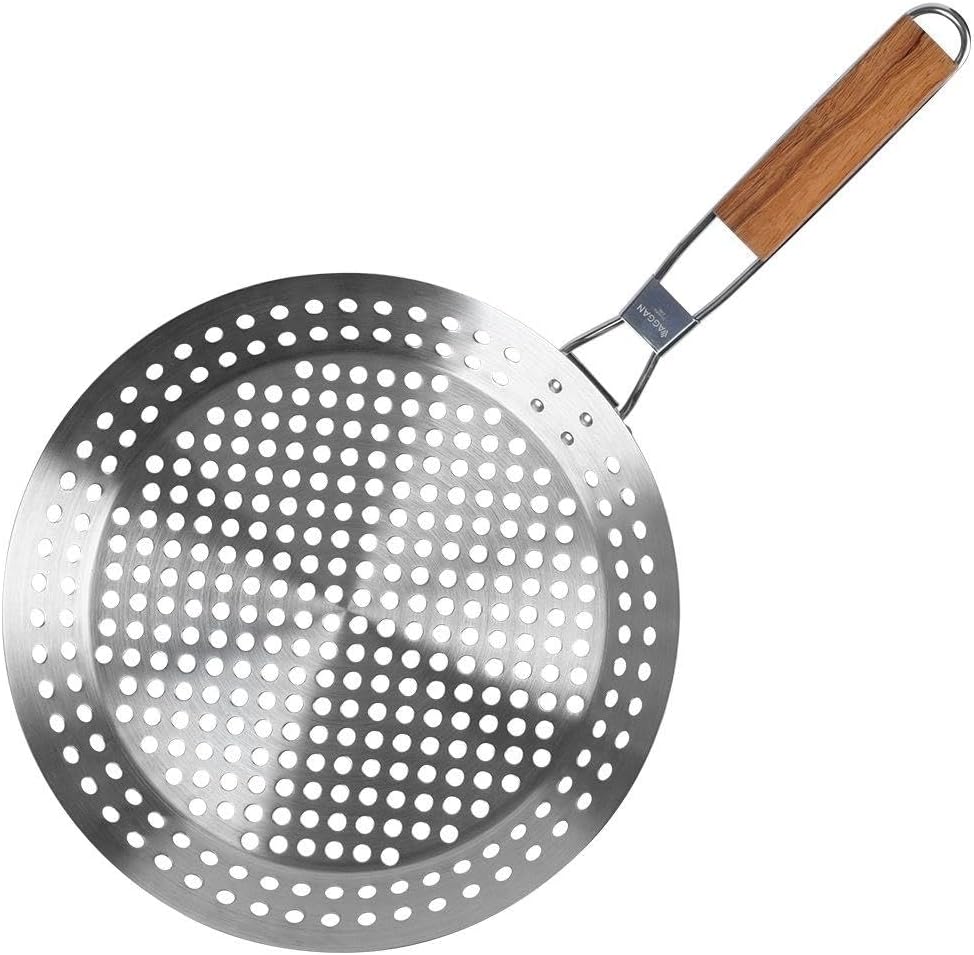 BBQ Bratpfanne zum Grillen von Gemüse, Fleisch, Korb mit Holzgriff