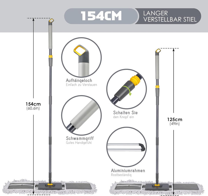 Myiosus Flacher Bodenwischer, Gross Wischmopp mit 154cm Verstellbar Edelstahlgriff, Floor Mop für Ha
