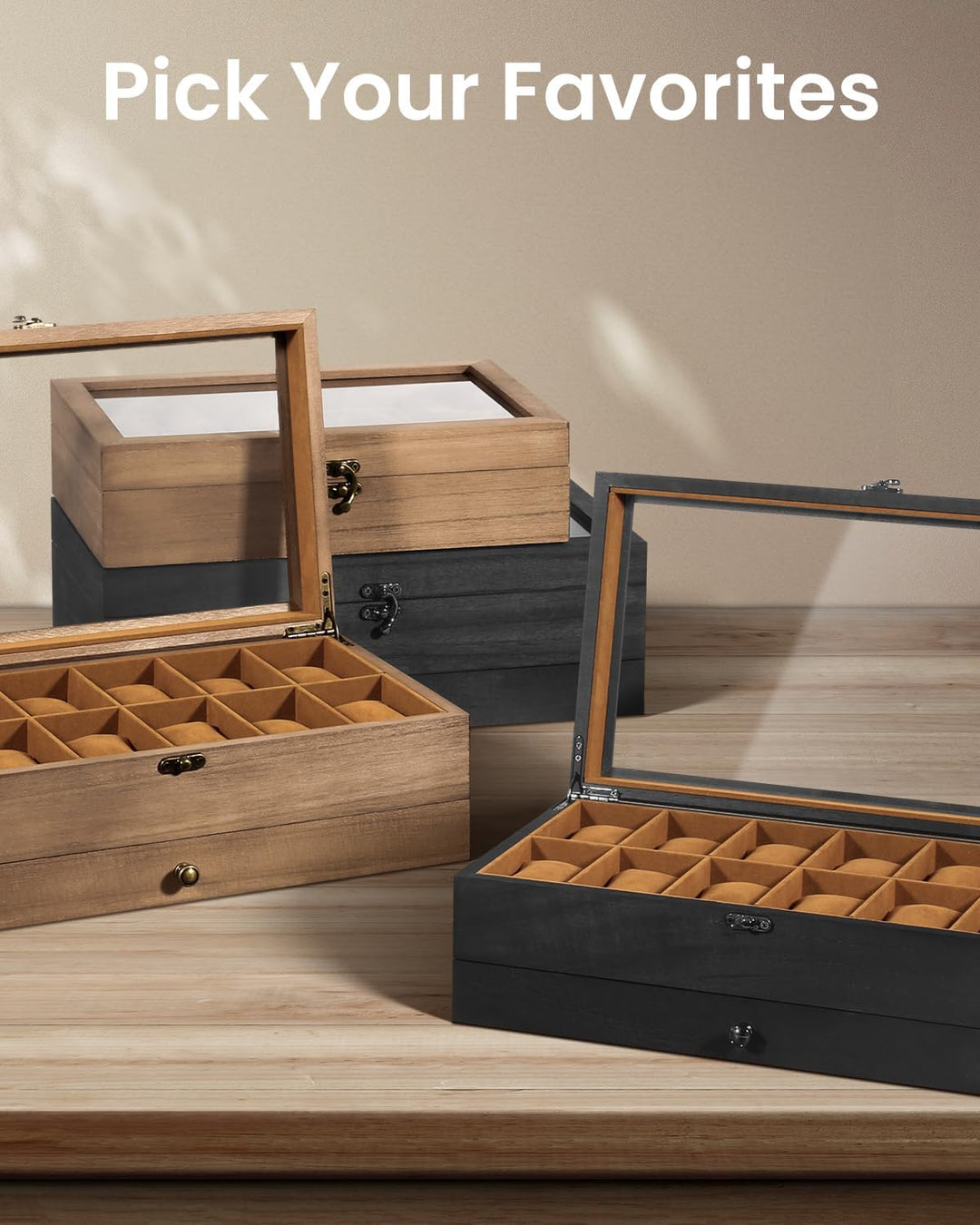 Uten Uhrenbox mit 12 Fächern, 2 Ebenen Uhrenkasten aus Massivholz mit Glasdeckel, Uhrenkissen Seiden